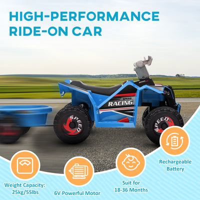 HOMCOM 6V Quad Bike with Back Trailer, Wear-Resistant Wheels, for Ages 18-36 Months, Blue 