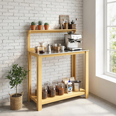 Outsunny Wooden Potting Bench Table with Aluminium Worktop, Outdoor Garden Workbench with 2 Shelves 