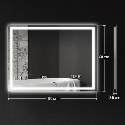 HOMCOM 60 x 80 cm Anti-Fog LED Bathroom Mirror, with Bluetooth and Clock - Silver Tone 
