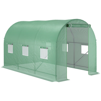Outsunny 3.5 x 2m Walk-In Polytunnel Greenhouse, with Steel Frame, PE Cover, Roll-Up Door and 6 Windows, Green 