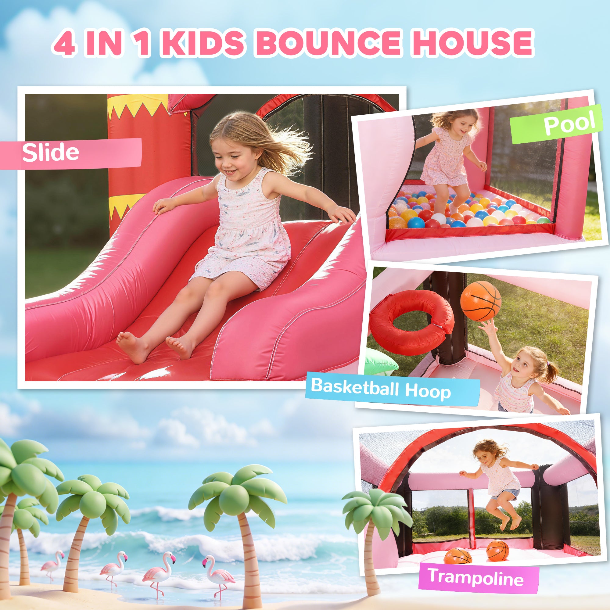 AIYAPLAY Inflatable Bounce House for Kids with Slide, Ball Pit, Basketball Hoop and Blower for Indoor Outdoor Garden, Pink 