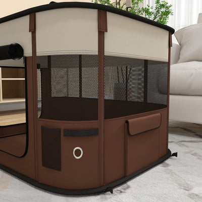 PawHut Foldable Dog Pen with Storage Bag for Indoor/Outdoor Use, Portable Pet playpen, with Ground Stakes - Brown 
