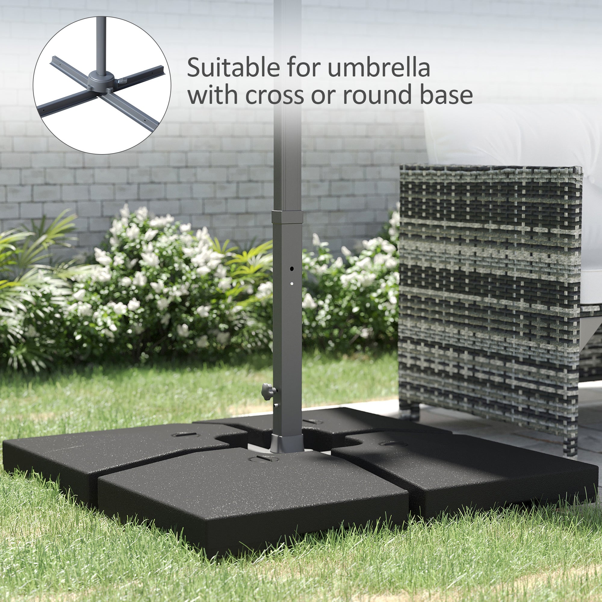 Outsunny 4 Pieces Fillable Parasol Base, Heavy Duty Umbrella Weights for Cross Stand, Square Holder for Cantilever Parasol, Total 120KG Sand/ 80L Water Filled (Metal Pole & Cross Stand NOT INCLUDED) 