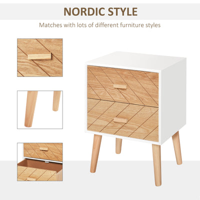 HOMCOM 2 Drawers Bedside Table with Pine Legs, Bedroom Wooden Storage Cabinet, Natural 