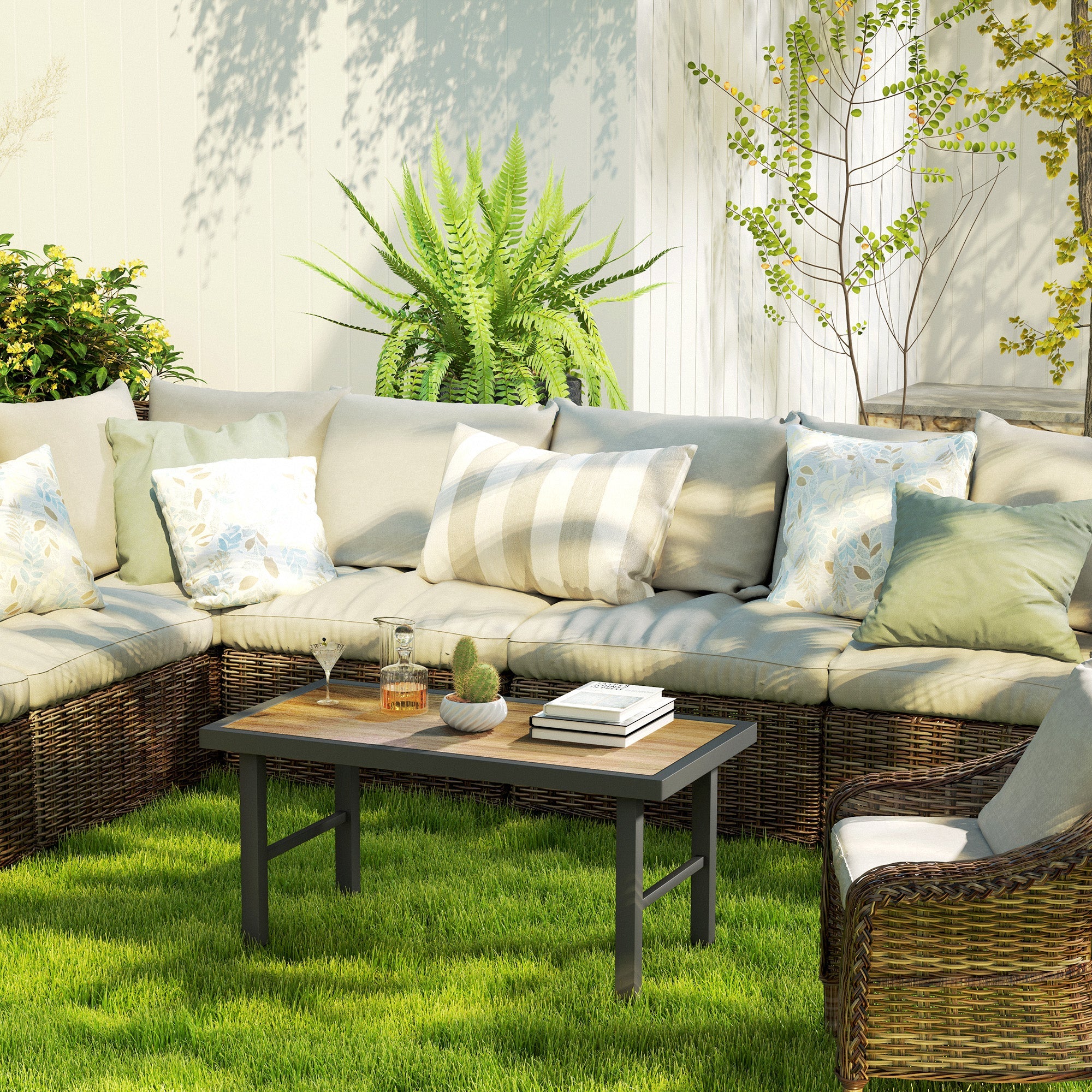 Outsunny Metal Garden Coffee Table, Outdoor Side Table with SPC Woodgrain Tabletop for Outside, Garden, Balcony, Porch, 100 x 53 x 46cm, Brown Wood Effect 