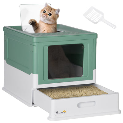 PawHut Hooded Cat Litter Box, Portable Pet Toilet, with Scoop, Front Entry - Green 