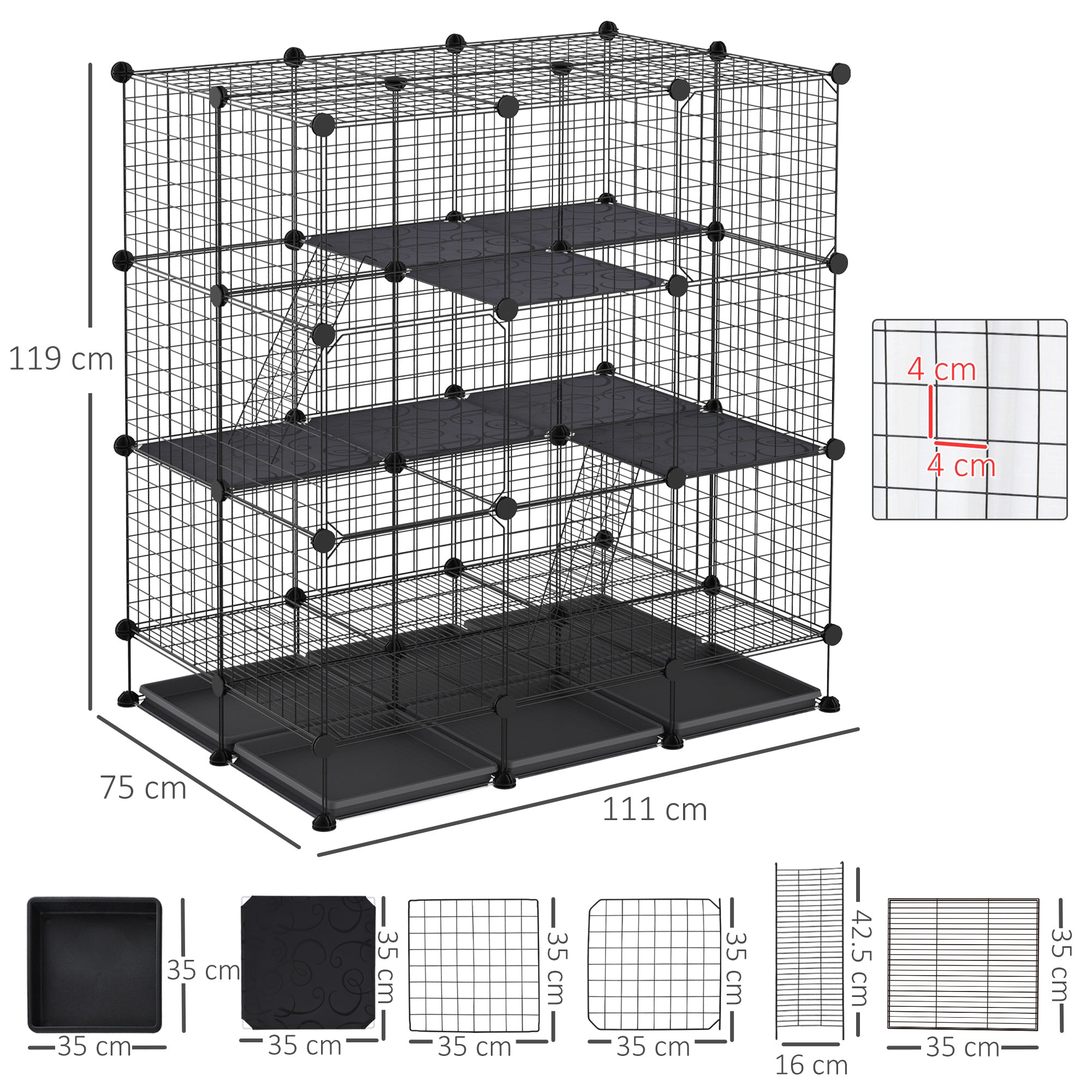 PawHut 3 Level DIY Pet Playpen Metal Small Animal Cage Rabbit Ferret Chinchillas Cage 4 Doors Bottom Trays Black 