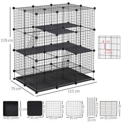 PawHut 3 Level DIY Pet Playpen Metal Small Animal Cage Rabbit Ferret Chinchillas Cage 4 Doors Bottom Trays Black 