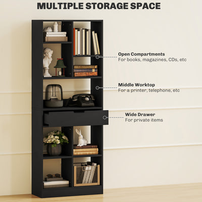 HOMCOM Tall Bookshelf with Drawer, Freestanding Bookcase for Bedroom, Living Room, Home Office, Black 