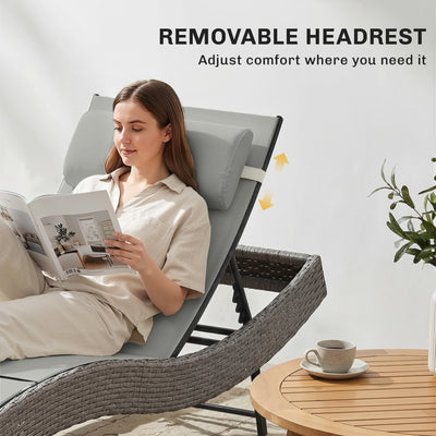 Outsunny Rattan Sun Lounger, Garden Recliner with 5 Position Adjustable Back, S Shaped Texteline Seat, Headrest, Light Grey 