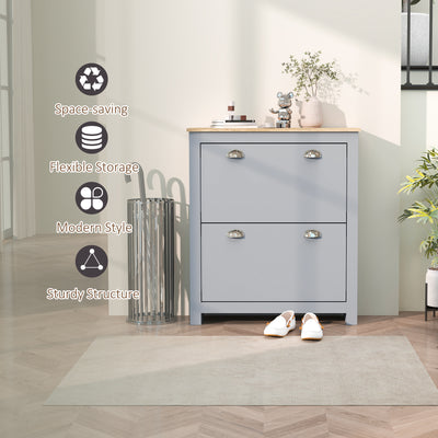 HOMCOM 2 Drawer Shoe Cabinet Modern Narrow Shoe Cupboard Hallway Wooden Storage Organiser with Flip Doors Adjustable Shelf for 6-12 Pairs, Grey 