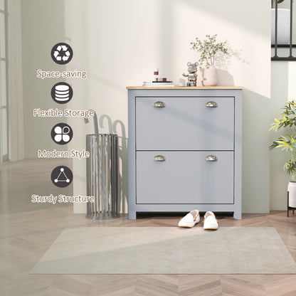 HOMCOM 2 Drawer Shoe Cabinet Modern Narrow Shoe Cupboard Hallway Wooden Storage Organiser with Flip Doors Adjustable Shelf for 6-12 Pairs, Grey