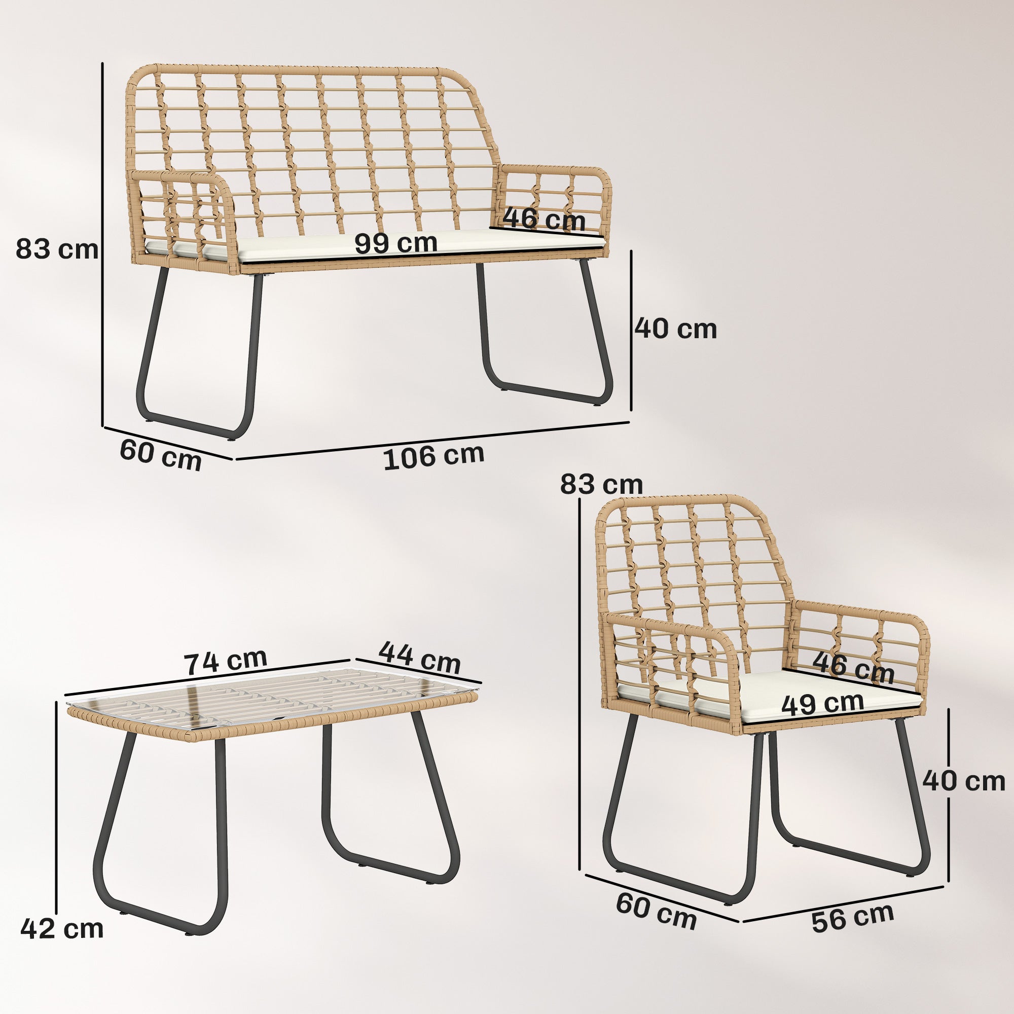 Outsunny 4 Piece Rattan Garden Furniture Set, Outdoor Patio Furniture with Loveseat, Armchairs and Coffee Table 