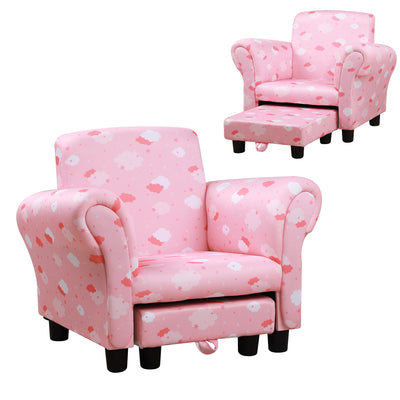HOMCOM Toddler Chair Children's Armchairs Wood Frame w/ Footrest Anti-Slip Legs High Back Arms for Bedroom Playroom Cute Cloud Star Pink 