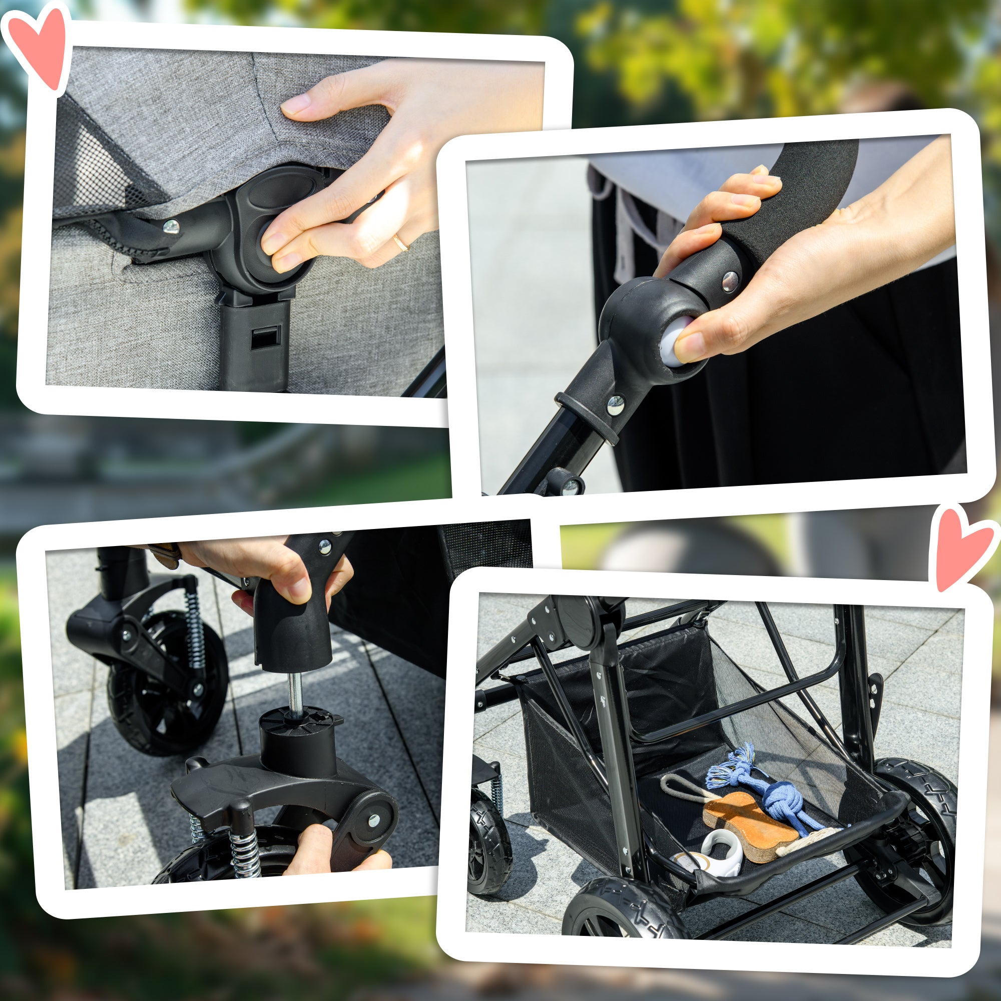 PawHut Dog Pram Pet Stroller for Small Dogs Cats, Foldable Dog Pushchair Trolley with Detachable Pet Carrier Bag, Shock Absorber, Adjustable Handlebar, Grey 
