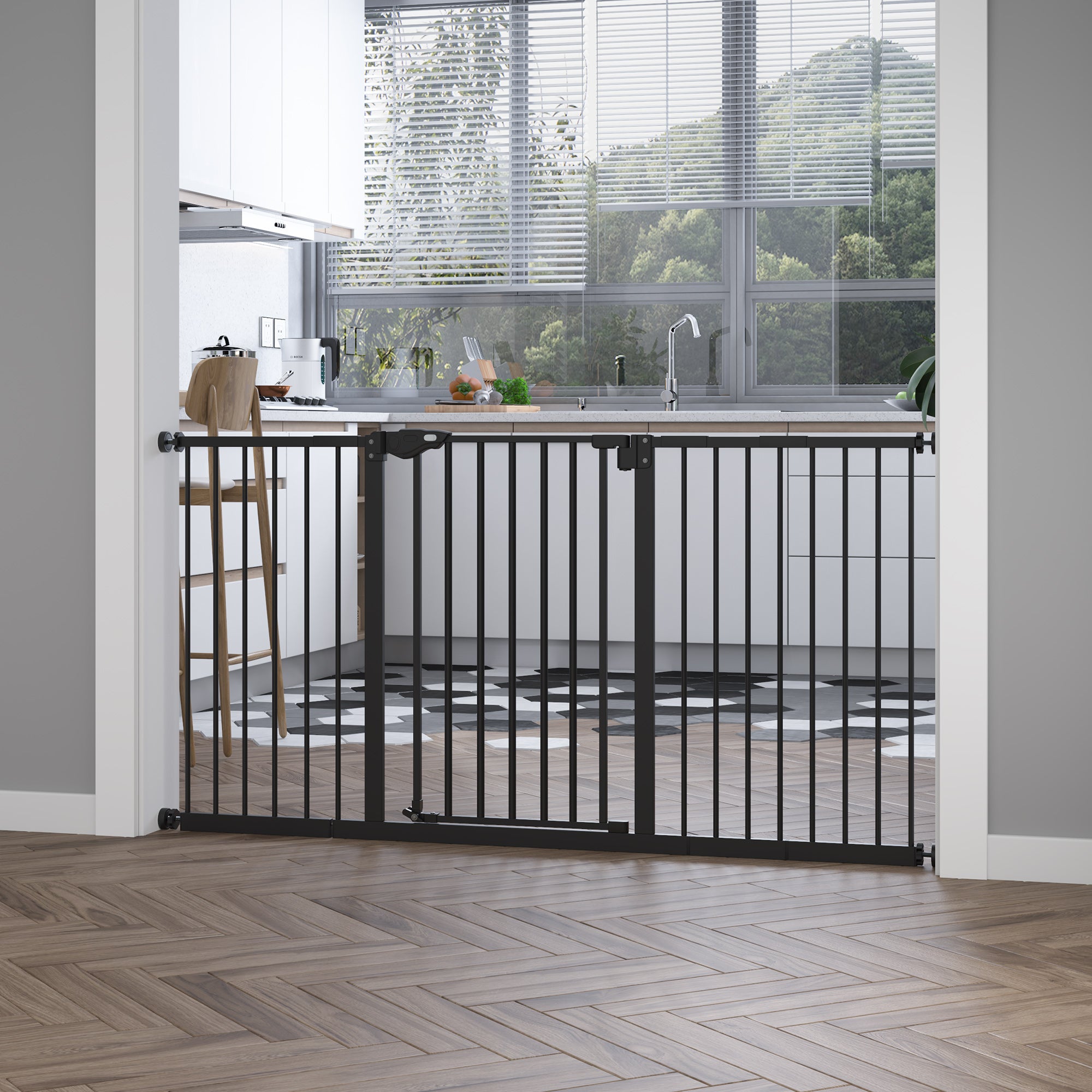 PawHut Dog Gate Stair Gate Pressure Fit Pets Barrier Auto Close for Doorway Hallway, 74-148cm Wide Adjustable, Black 