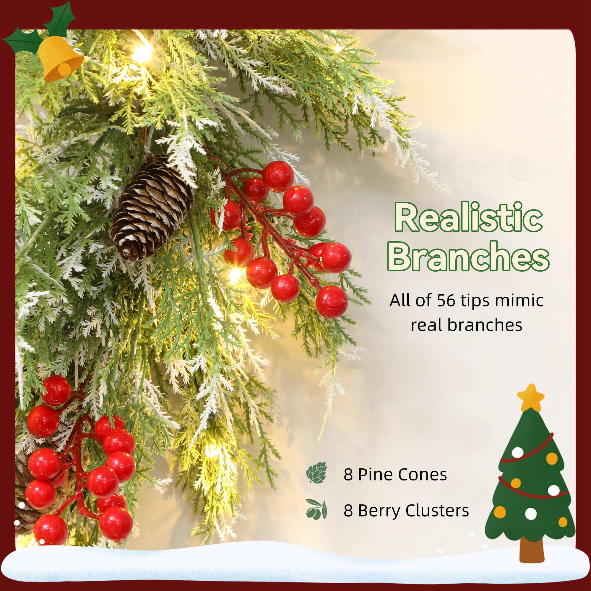 HOMCOM 60 cm Prelit Christmas Wreath, Door Wreath with Realistic Branches, 30 Warm White LEDs, Timer, Battery Operated