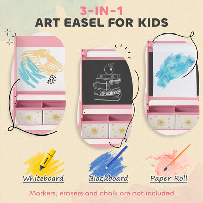 AIYAPLAY Art Easel for Kids, Double-Sided Whiteboard/Blackboard with Paper Roll, Two Storage Boxes, for Ages 3-8 Years, Pink 