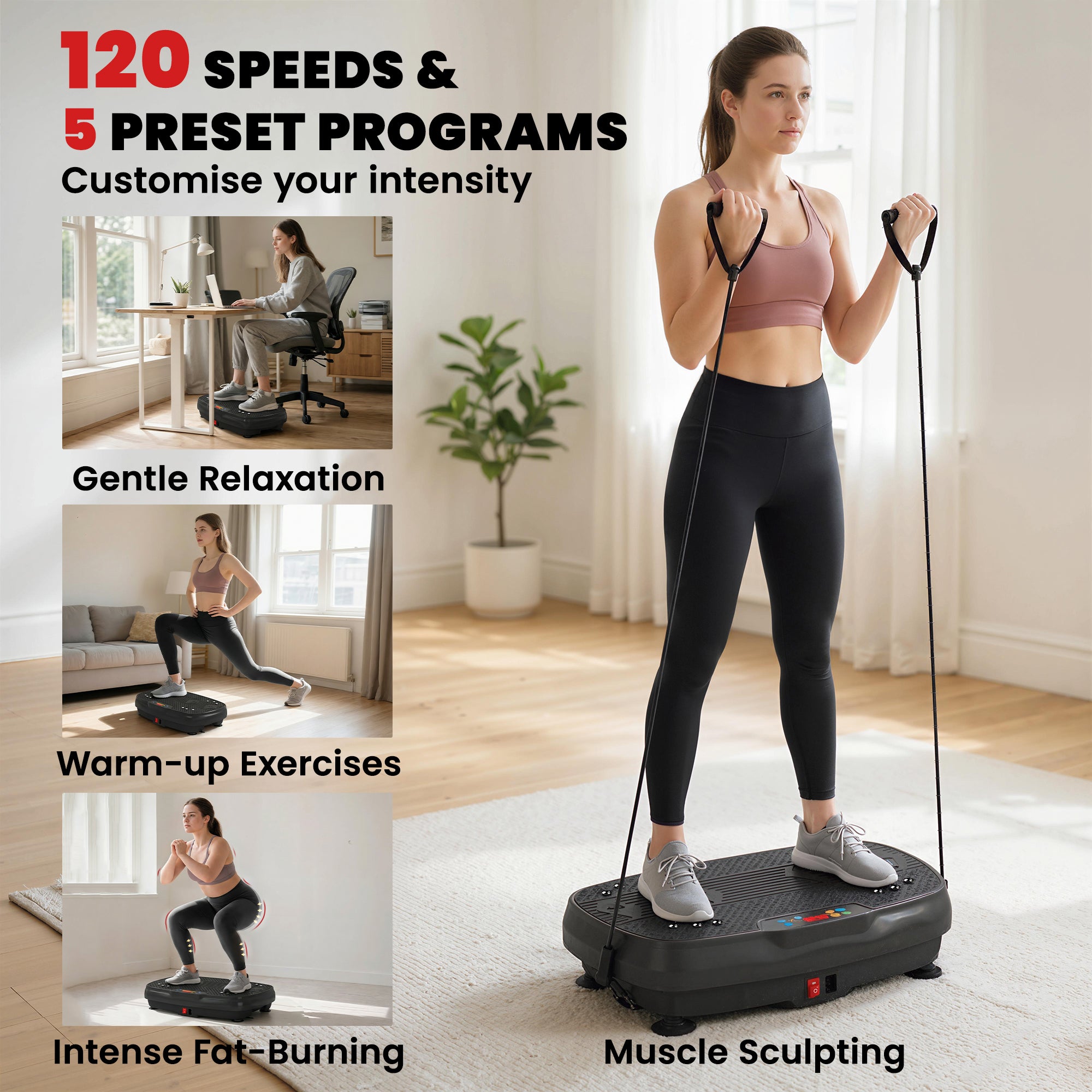 SPORTNOW Vibration Plate Exercise Machine with 120 Speed Levels, 5 Programs, Quiet Vibrating Plate with Resistance Bands 
