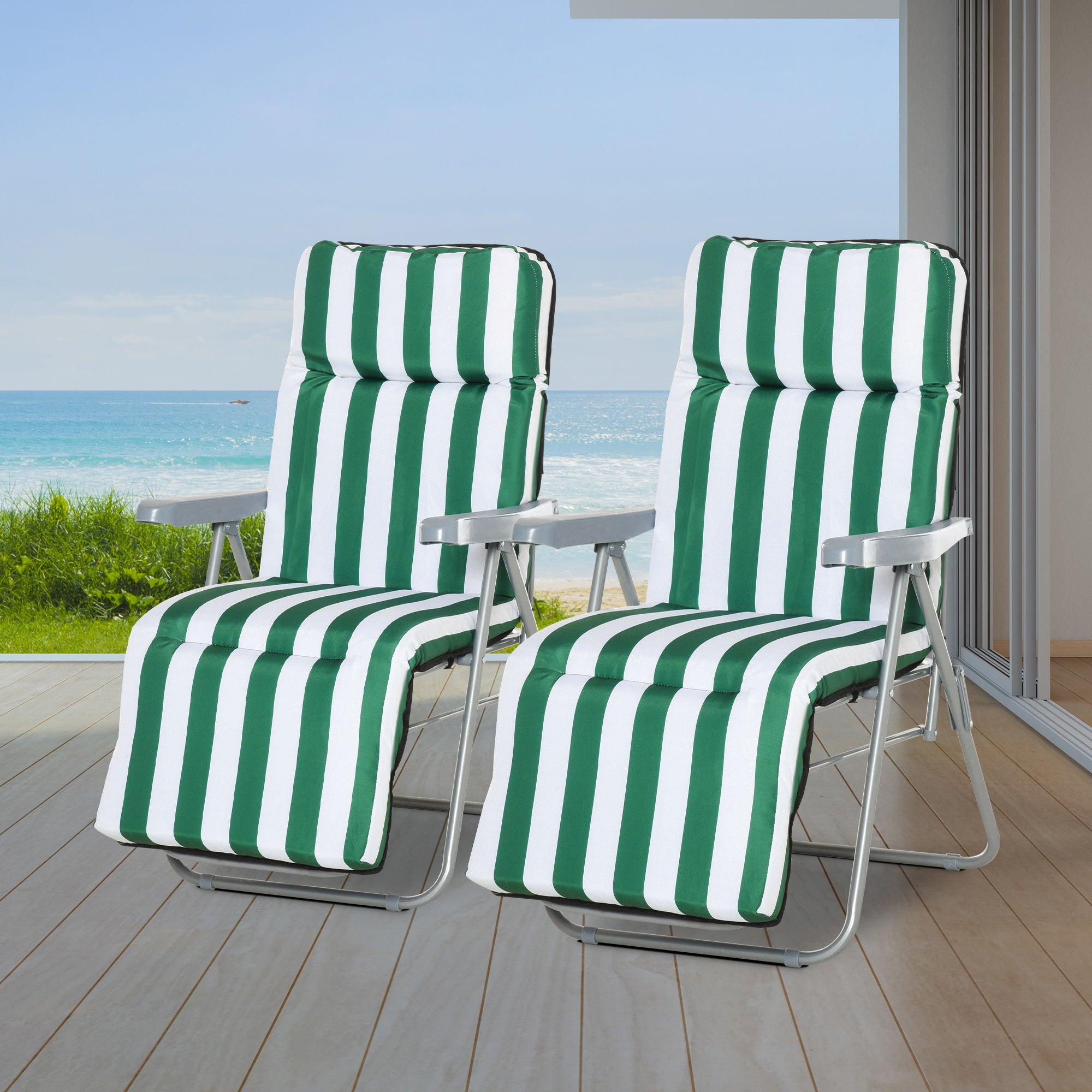 Outsunny 2 Pieces Outdoor Sun Lounger Set with Cushions, Patio Folding 5-Level   Adjustable Backrest Recliner Chairs Set of 2 with High Backrest and Armrests, Green & White 