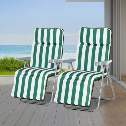 Outsunny 2 Pieces Outdoor Sun Lounger Set with Cushions, Patio Folding 5-Level   Adjustable Backrest Recliner Chairs Set of 2 with High Backrest and Armrests, Green & White 