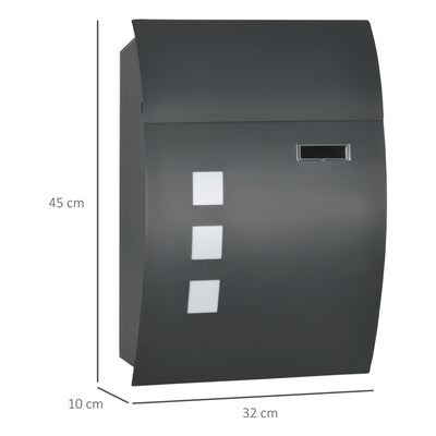 HOMCOM Wall Mounted Letter Box, Weatherproof Post Box for Outside Wall, Modern Mailbox with 2 Keys and Nameplate, Anthracite Grey 