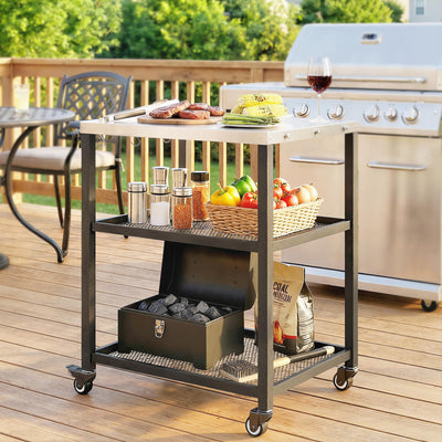 Outsunny Outdoor Grill Cart with Stainless Steel Tabletop, 3-Tier Pizza Oven Stand with Adjustable Shelf, Hooks, Wheels, Black 