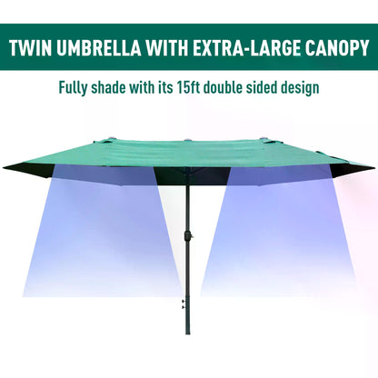 Outsunny 4.6M Sun Umbrella Canopy Double-sided Crank Sun Shade w/ Cross Base Dark Green 