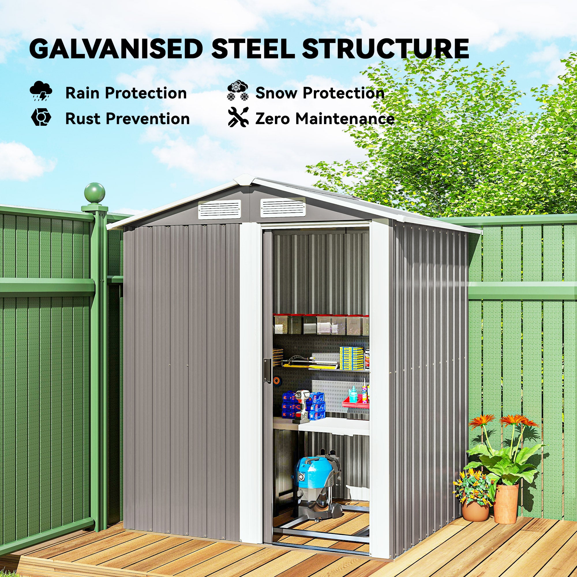 Outsunny Garden Metal Tool Storage Shed with Sliding Door, Sloped Roof and Foundation Kit, 152 x 132 x 188cm, Grey 