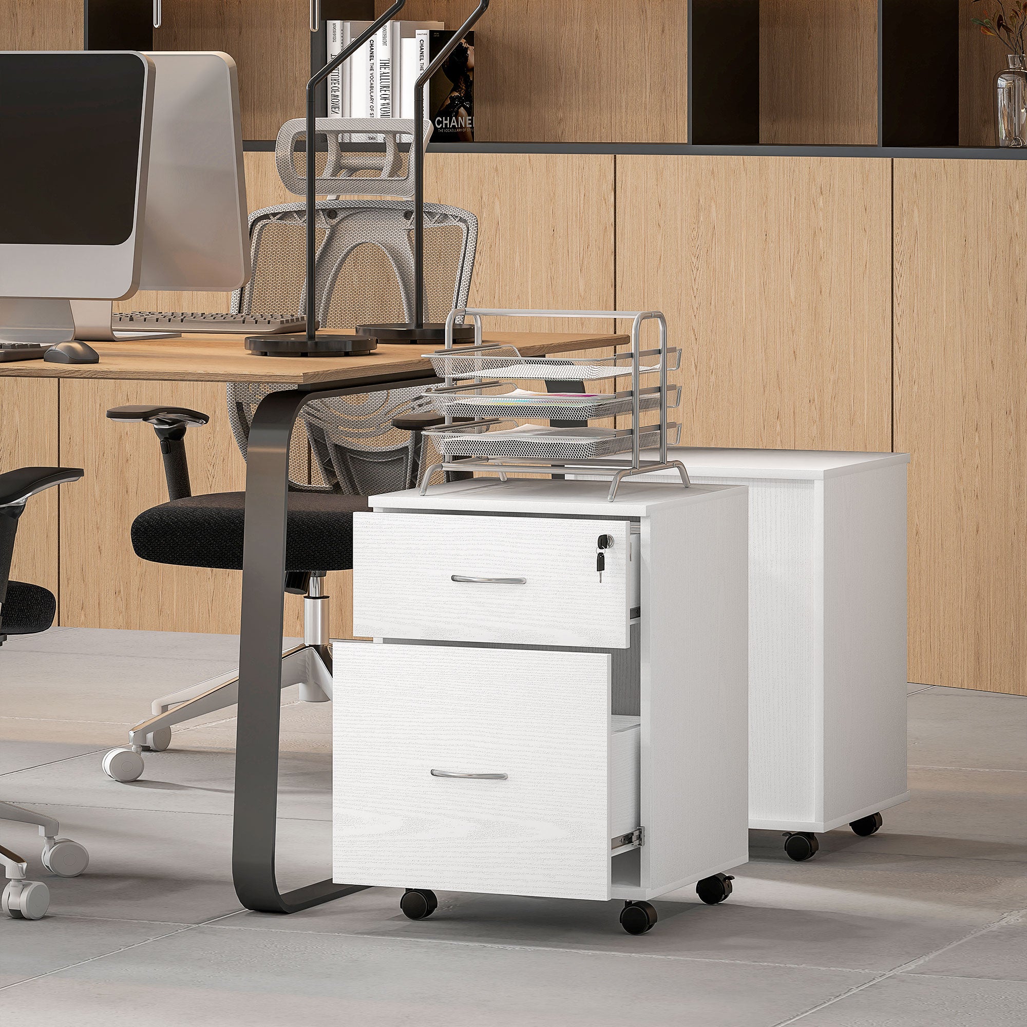 HOMCOM Two Drawer Lockable Filing Cabinet - White Wood Grain 