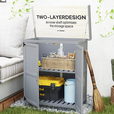 Outsunny Wooden Garden Shed, Garden Tool Storage Shed with Hinged Roof and Shelf, Outdoor Storage Cabinet with Double Doors, Grey 