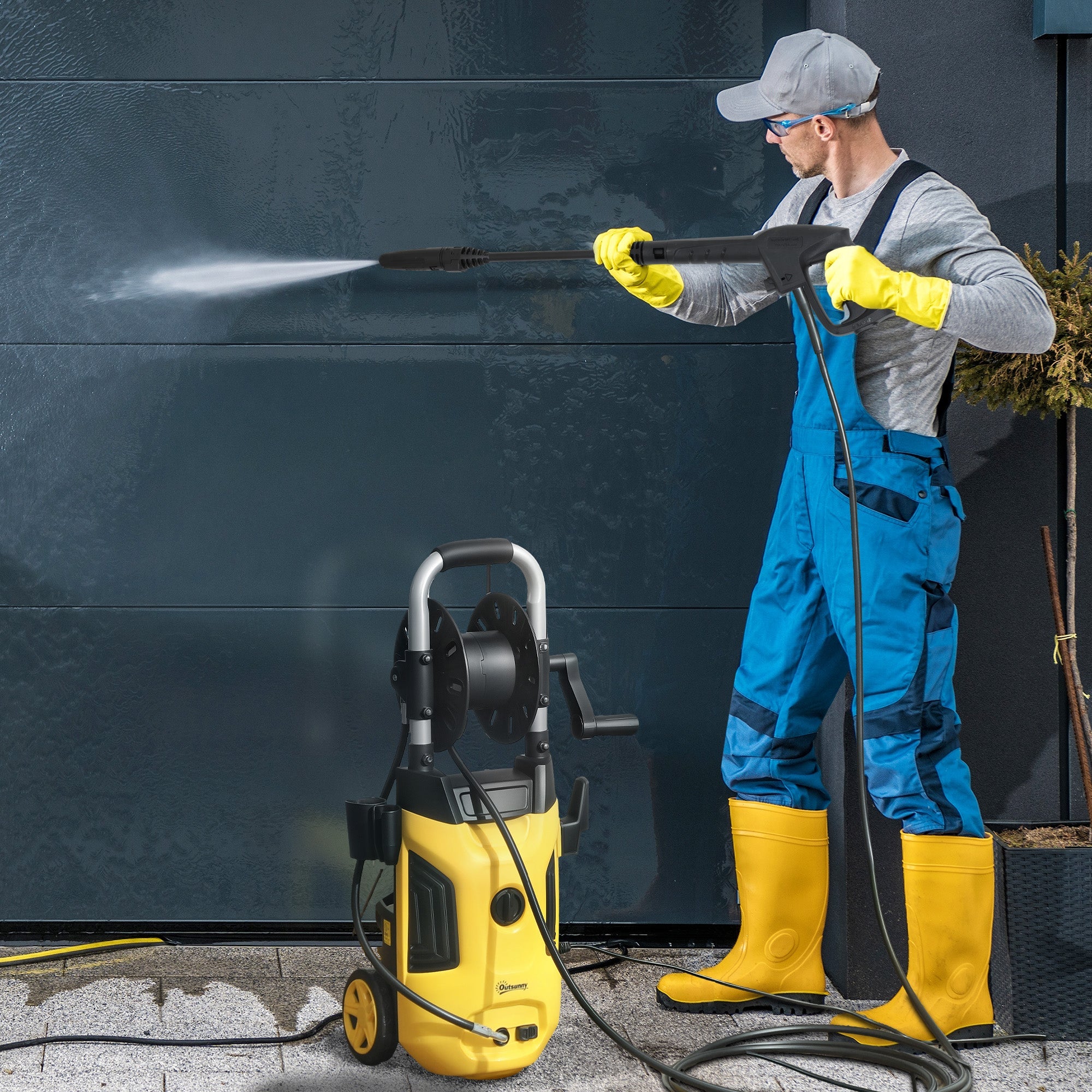 Outsunny 1800W High Pressure Washer, 150 Bar Pressure, 420 L/h Flow, Portable Power Washer Jet Wash Cleaner with Adjustable Nozzle, 6M Hose, Hose Reel, Steel Handle for Home Patio Car Driveway, Yellow 