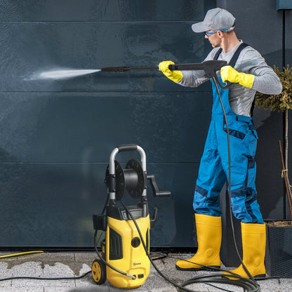 Outsunny 1800W High Pressure Washer, 150 Bar Pressure, 420 L/h Flow, Portable Power Washer Jet Wash Cleaner with Adjustable Nozzle, 6M Hose, Hose Reel, Steel Handle for Home Patio Car Driveway, Yellow 