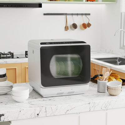 HOMCOM Table Top Dishwasher, Mini Countertop Dishwasher with Built-in 6L Water Tank, 6 Programs, Touch Control, LED Display, 4 Place Settings, Dual Water Supply and Fruit Wash Mode, Silver Tone 