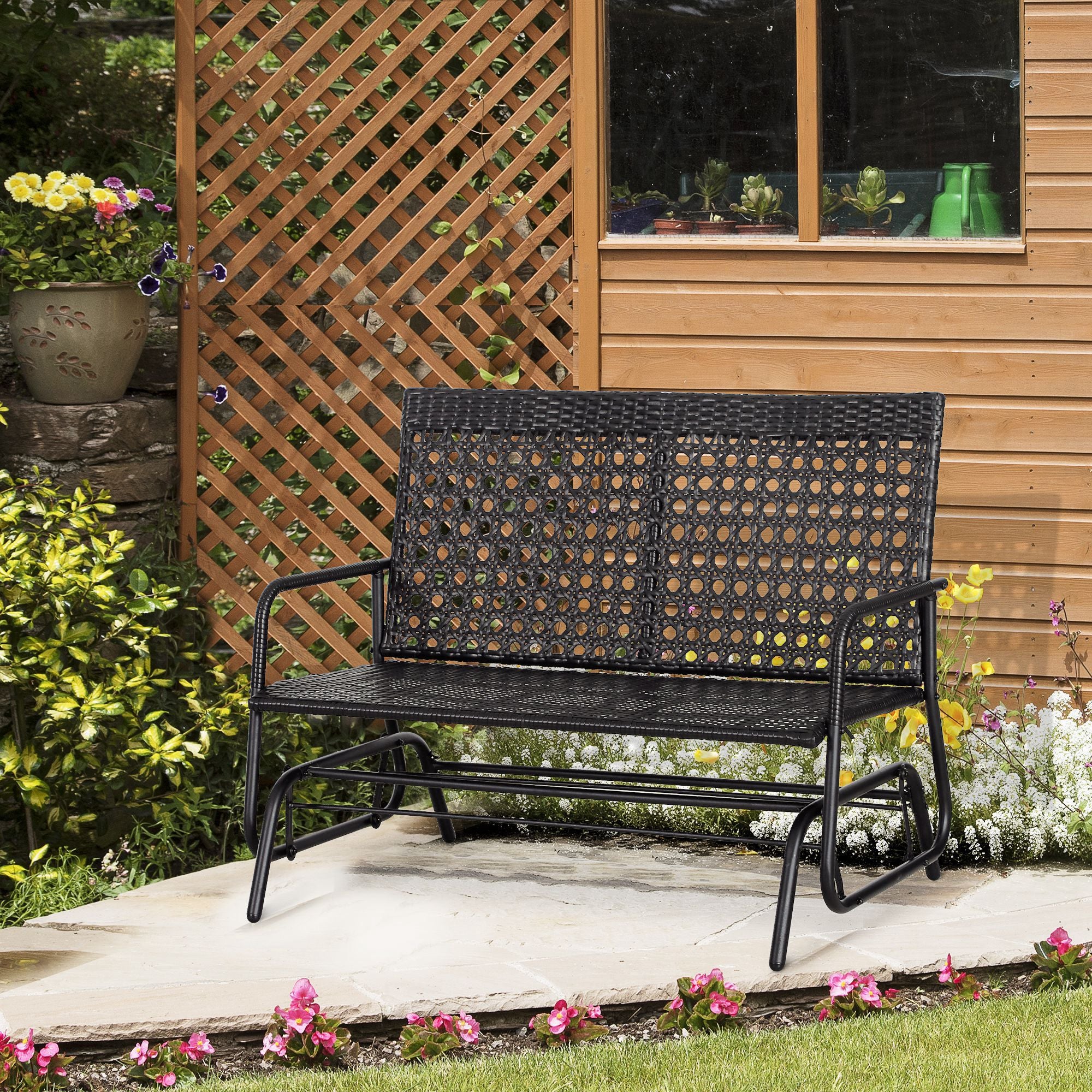 Outsunny 2 Seater PE Rattan Glider Bench, Outdoor Loveseat Chair with Steel Frame, Porch Rocking Glider for 2 Person with Armchair, High Back, Black 
