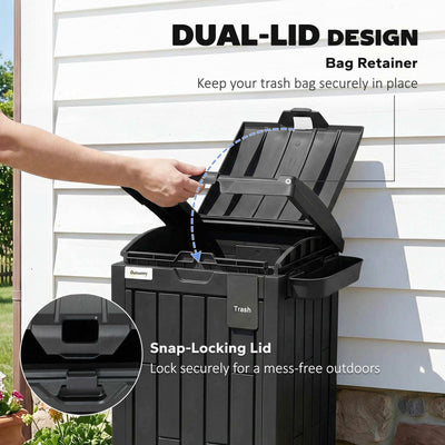 Outsunny 110 L Outdoor Bin with Dual Lid, Waterproof Plastic Trash Bin with Ashtray and Drip Tray, Garden Waste Trash Bin, Black 
