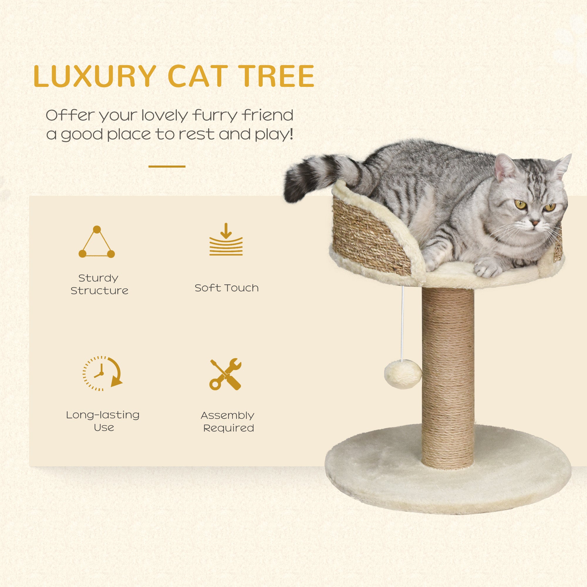PawHut Cat Tree Cat Scratching Post for Indoor Cats Kitten Play Tower Activity Centre Climbing Stand with Dangling Ball Beige 