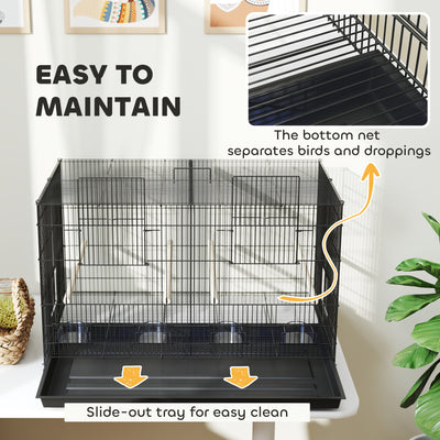 PawHut Bird Cage with Divider, 4 Wooden Perches, Slide Out Tray, 4 Feeders, for Budgie, Lovebird, Canary, 76 x 46 x 46cm, Black 