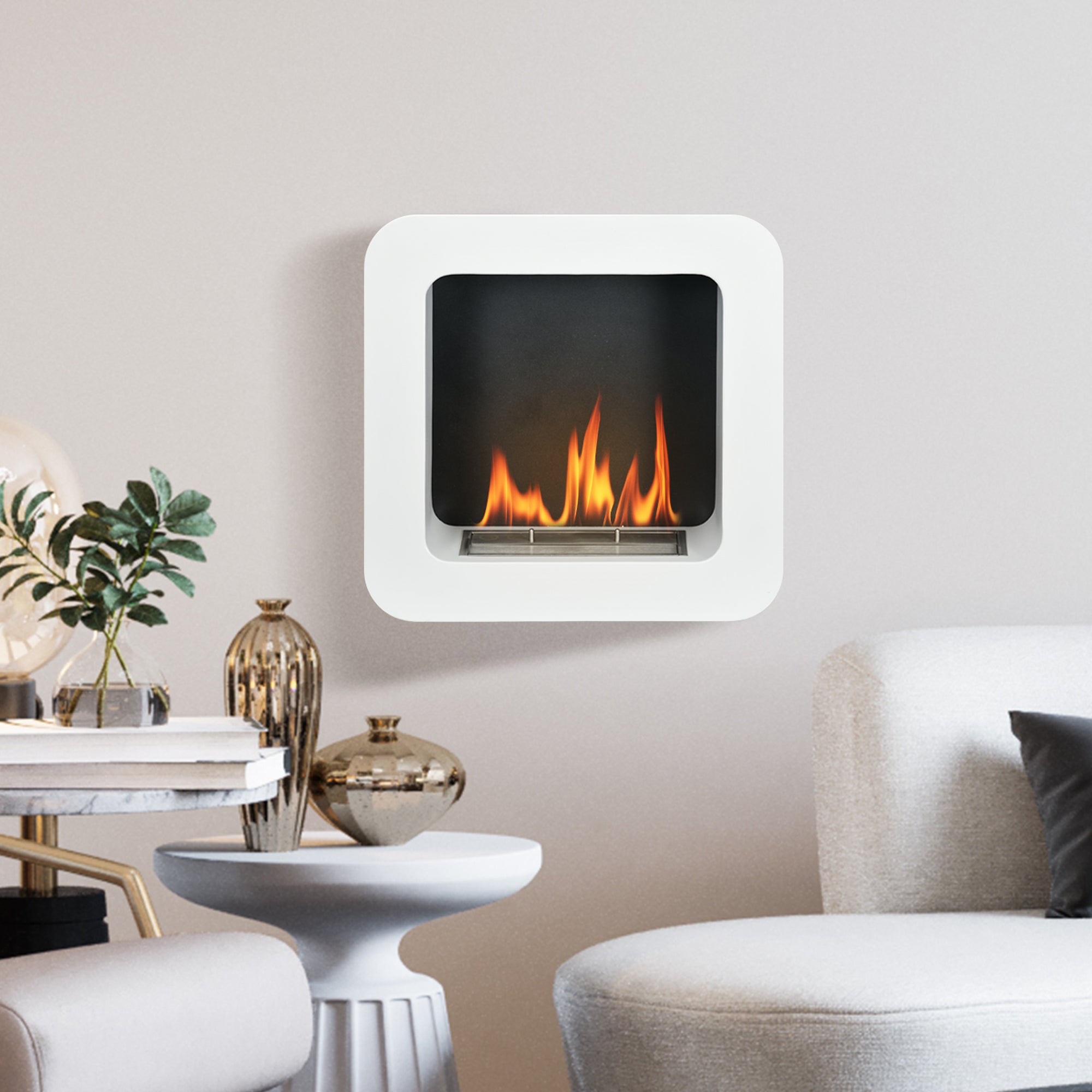 HOMCOM Wall Mounted Ethanol Fireplace, Bioethanol Heater Stove Fire with 1L Tank, 2.5 Hour Burning Time, White 