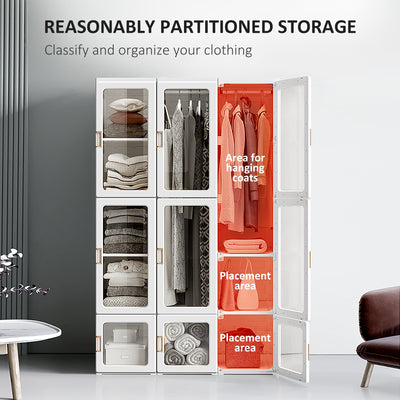 HOMCOM Portable Clothes Wardrobe for Bedroom, Foldable Clothes Organiser with Cube Storage, Hanging Rods, Magnet Doors, White 