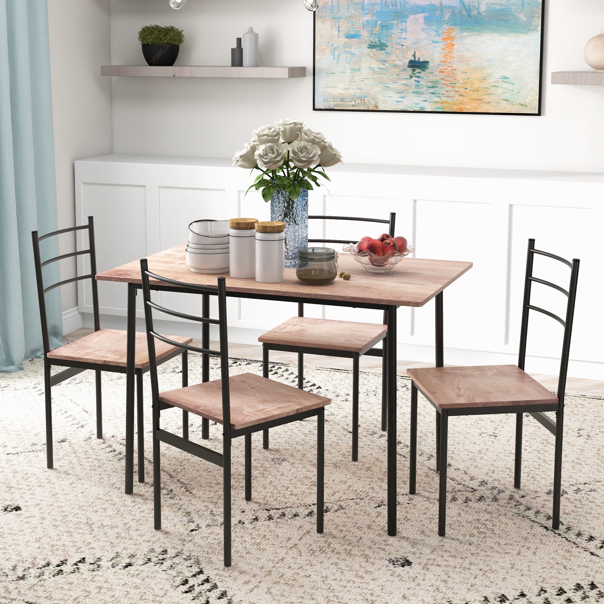 HOMCOM 5 Piece Dining Table and Chairs Set, Dining Room Sets, Steel Frame Space Saving Table and 4 Chairs for Compact Kitchens, Black 