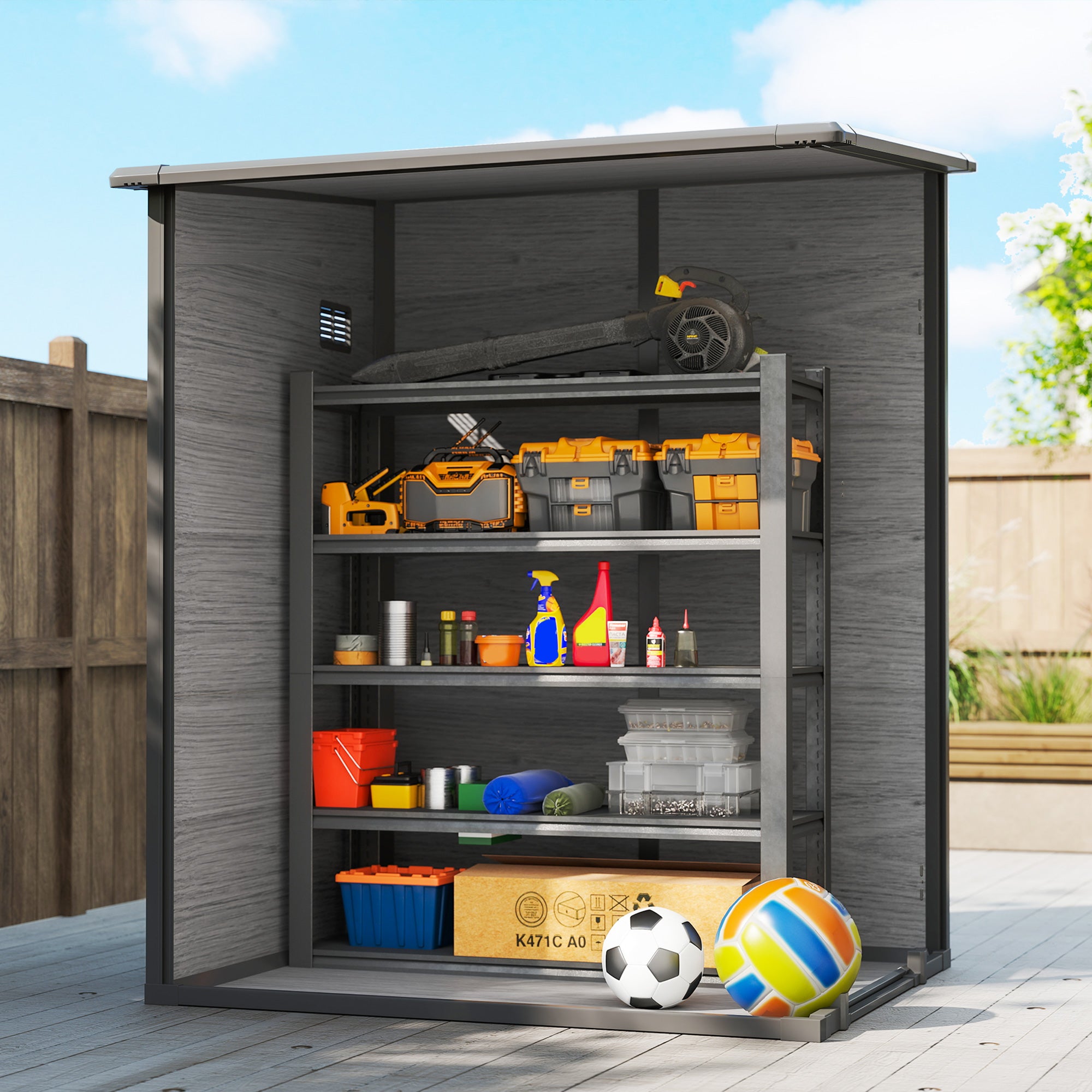 Outsunny 4'x5' Garden Storage Shed, Lean to Shed, Lockable Garden Shed with Window, Vent and Plastic Roof, Wood-Effect 