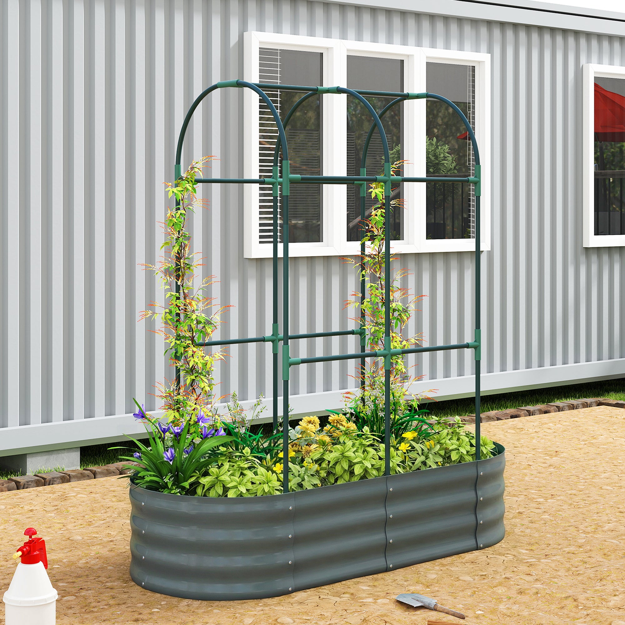Outsunny Galvanised Raised Garden Bed with Arched Trellis, 4 x 2 x 4.6ft Metal Raised Bed for Garden with Open Bottom, Dark Grey 
