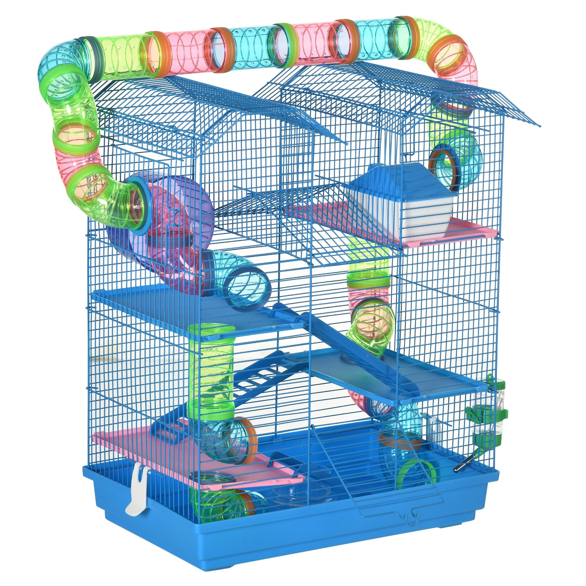 PawHut 5 Tier Hamster Cage Carrier Habitat with Exercise Wheels Tunnel Tube Water Bottle Dishes House Ladder for Dwarf Mice, Blue 