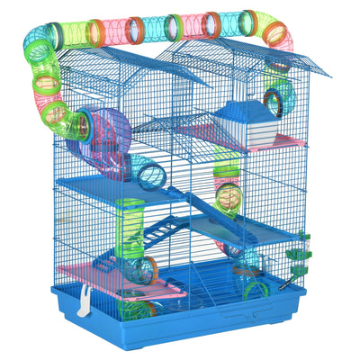 PawHut 5 Tier Hamster Cage Carrier Habitat with Exercise Wheels Tunnel Tube Water Bottle Dishes House Ladder for Dwarf Mice, Blue 
