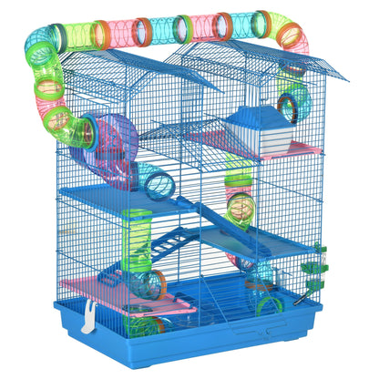 PawHut 5 Tier Hamster Cage Carrier Habitat with Exercise Wheels Tunnel Tube Water Bottle Dishes House Ladder for Dwarf Mice, Blue 