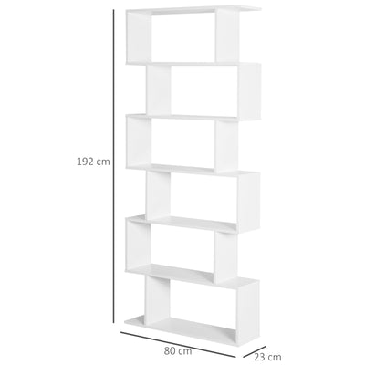 HOMCOM Bookcase, 6 Tier Shelf S Shaped Bookshelf, Storage Unit, Display Shelf for Living Room, Bedroom, Home Office, Plant, White 