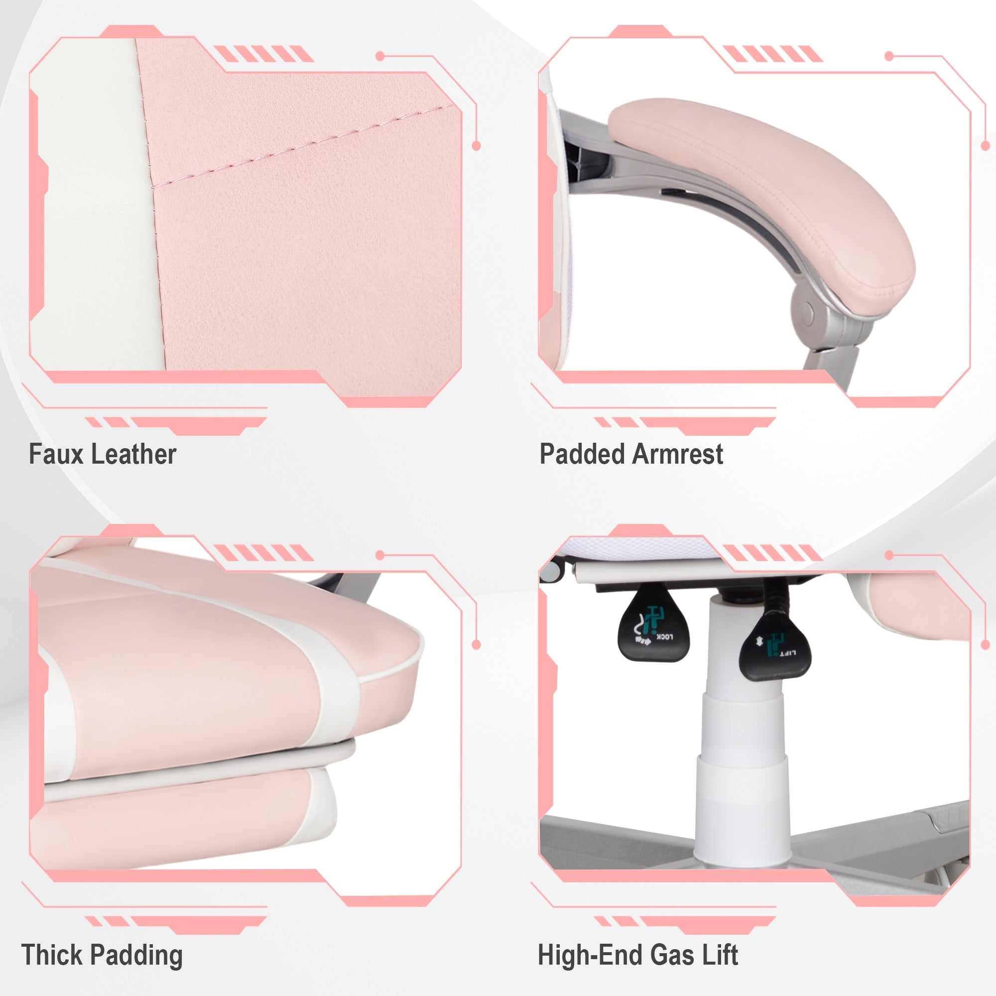 HOMCOM Faux Leather Reclining Gaming Chair, with Footrest - Pink/White 