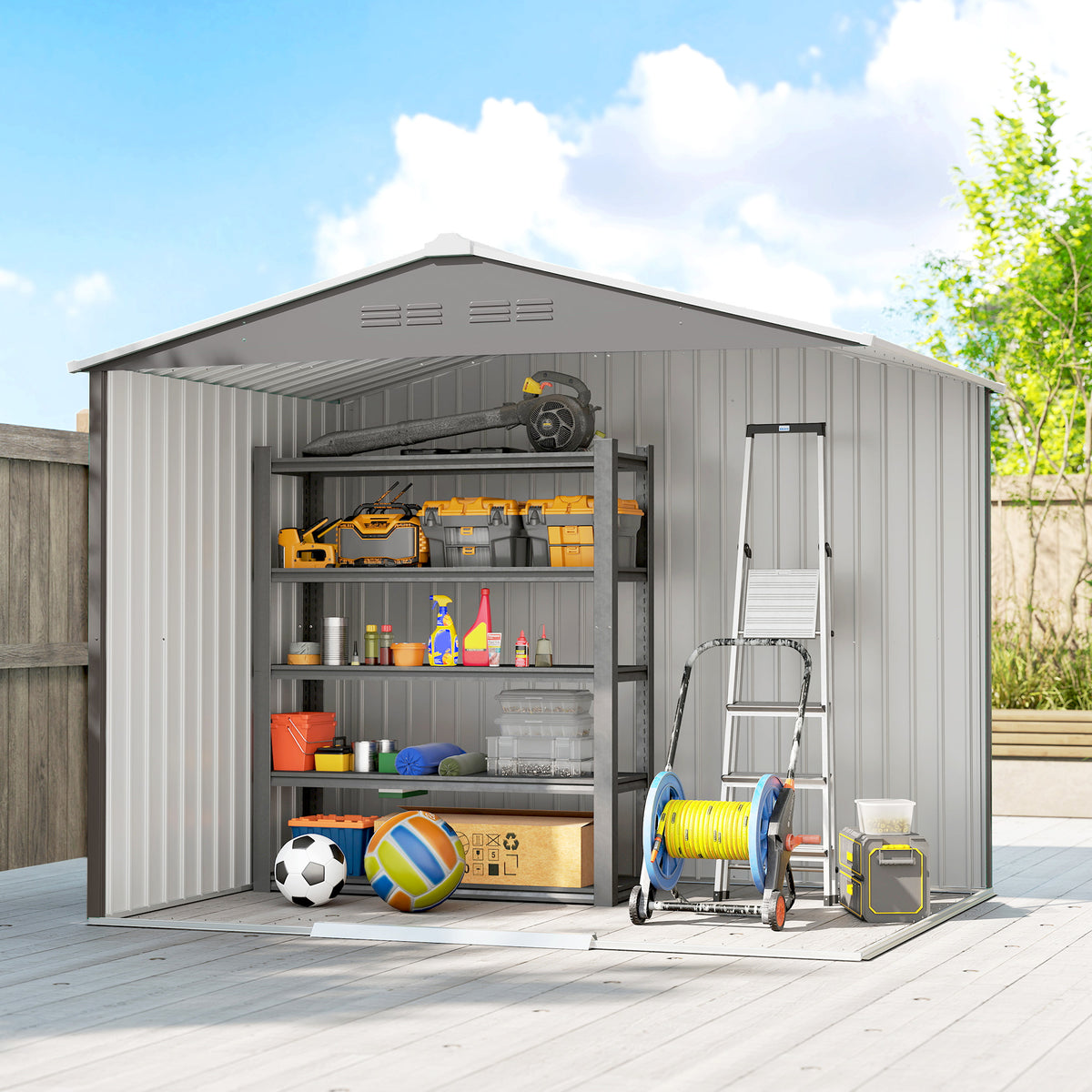 Outsunny 8 x 6ft Galvanised Steel Shed, with Double Door - Light Grey 