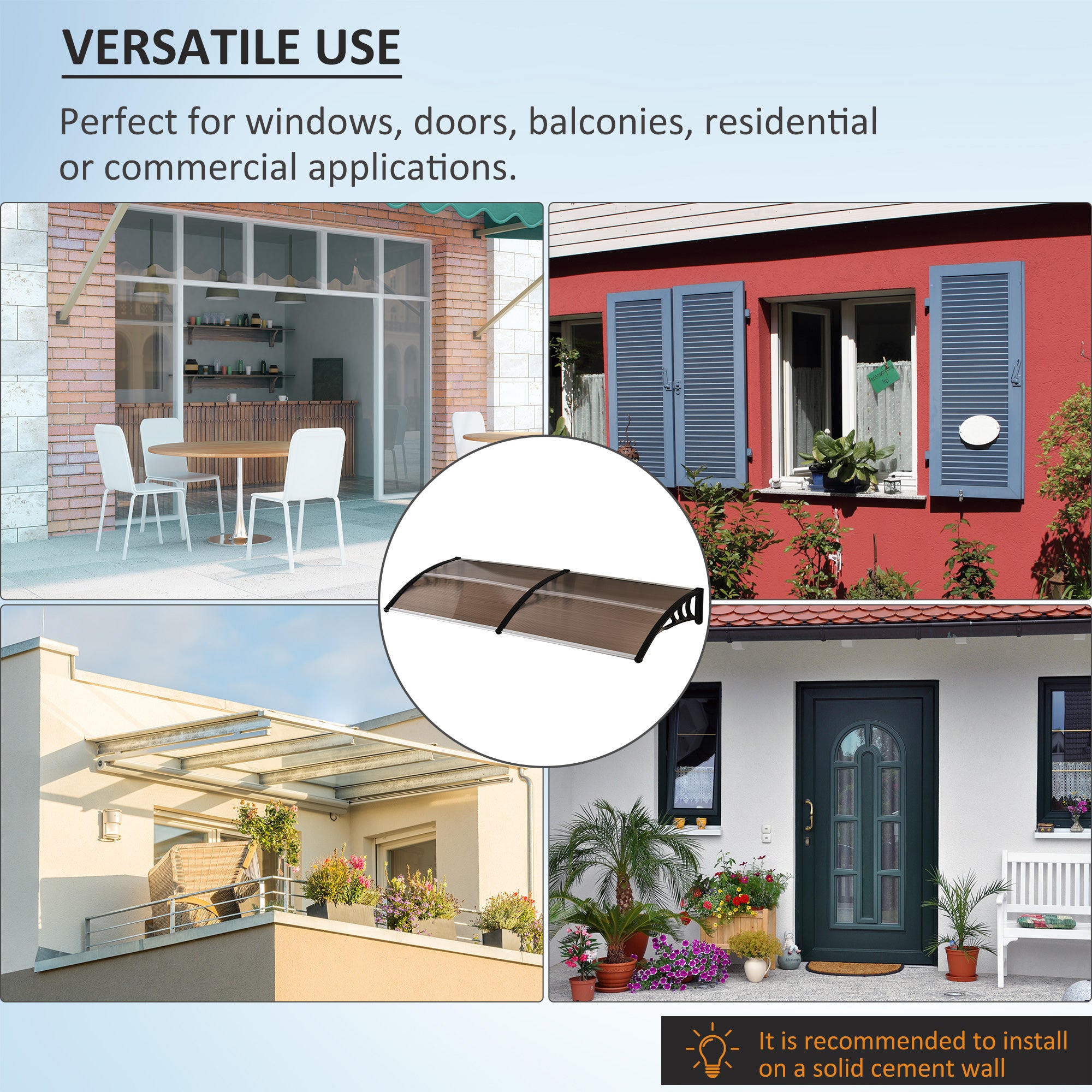 Outsunny 75 x 195 cm Curved Door Window Awning Canopy, Polycarbonate Cover Front Door Outdoor Patio, UV Rain Snow Protection Shelter, Brown 